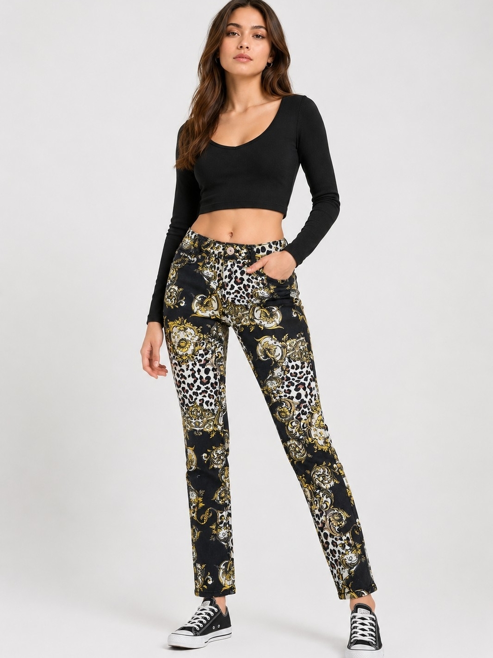 Almost Famous Junior's Baroque Leopard Print Skinny Pants Black & Gold Size 3